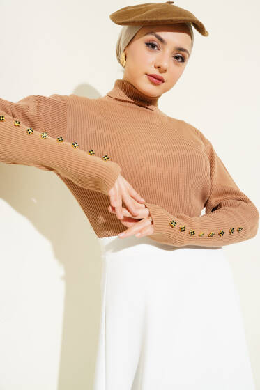 Kol Düğme Detaylı Fitilli Triko Kazak Büsküvi - Triko