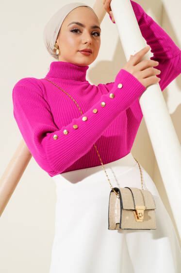 Kol Düğme Detaylı Fitilli Triko Kazak Fuşya - Triko