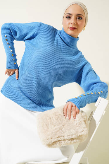 Kol Düğme Detaylı Fitilli Triko Kazak İndigo - Triko