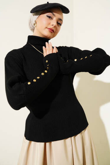 Kol Düğme Detaylı Fitilli Triko Kazak Siyah - Triko Kazak