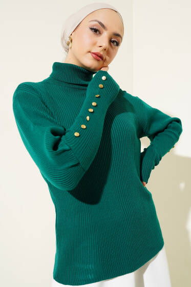 Kol Düğme Detaylı Fitilli Triko Kazak Zümrüt - Triko