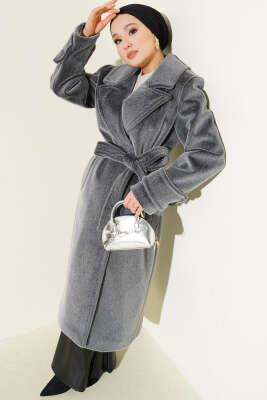Kol Düğme Detaylı Kruvaze Kaban Füme - FELEMEZ