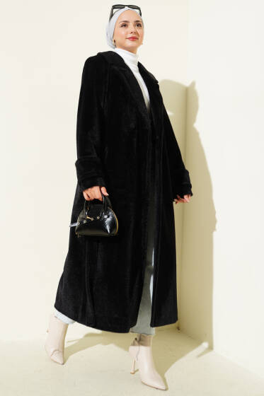 Kol Düğme Detaylı Kruvaze Kaban Siyah - Kaban