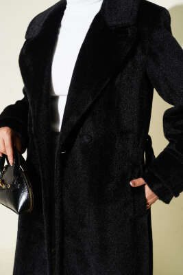 Kol Düğme Detaylı Kruvaze Kaban Siyah - Kaban