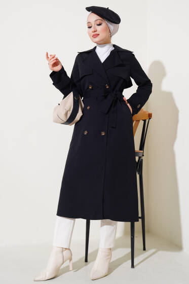 Kol Düğme Detaylı Kuşaklı Trençkot Siyah - Trençkot