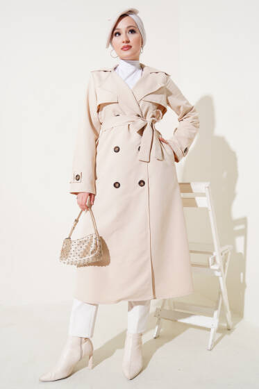 Kol Düğme Detaylı Kuşaklı Trençkot Taş - Trençkot