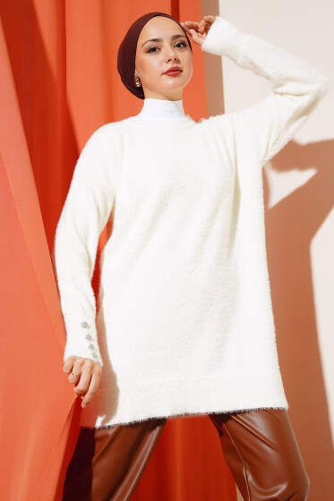 Kol Düğme Detaylı Sakallı Triko Tunik Ekru - Tunik
