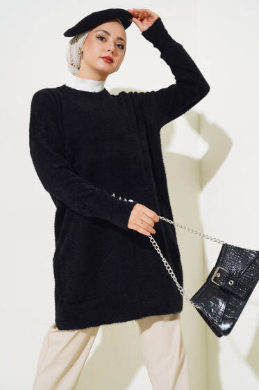 Kol Düğme Detaylı Sakallı Triko Tunik Siyah - Tunik