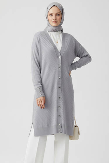 Kol Düğme Detaylı Triko Hırka Gri - Hırka