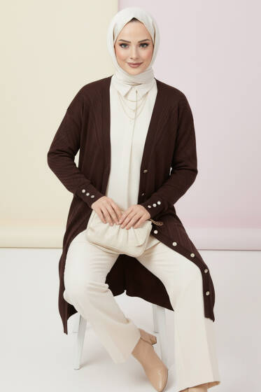 Kol Düğme Detaylı Triko Hırka Kahve - Hırka
