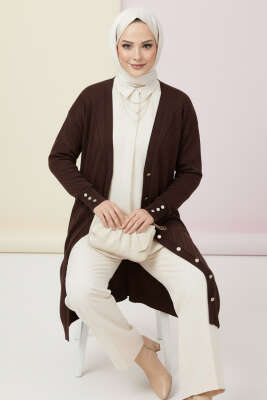 Kol Düğme Detaylı Triko Hırka Kahve 