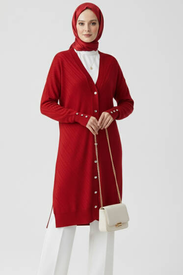 Kol Düğme Detaylı Triko Hırka Kırmızı - Hırka