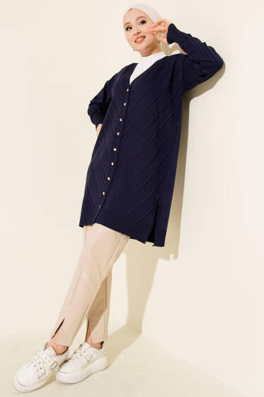 Kol Düğme Detaylı Triko Hırka Lacivert - Hırka