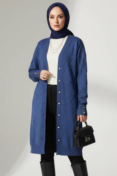 Kol Düğme Detaylı Triko Hırka Mavi - Hırka