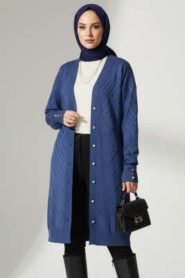 Kol Düğme Detaylı Triko Hırka Mavi 