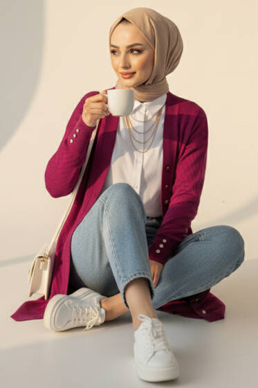 Kol Düğme Detaylı Triko Hırka Menekşe - Hırka