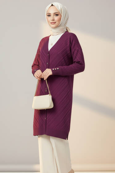 Kol Düğme Detaylı Triko Hırka Mürdüm - Hırka