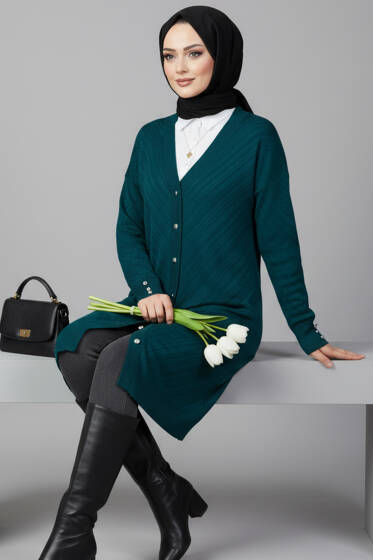 Kol Düğme Detaylı Triko Hırka Petrol Yeşili - Hırka