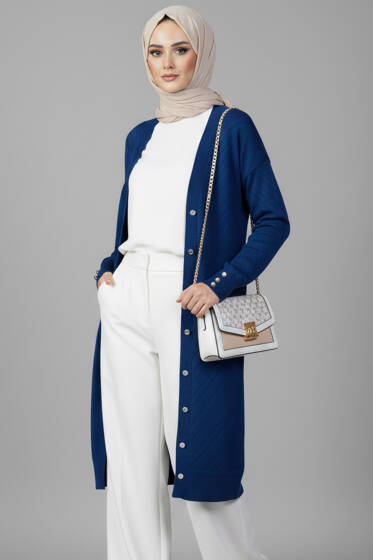 Kol Düğme Detaylı Triko Hırka Saks - Hırka