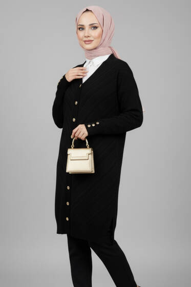 Kol Düğme Detaylı Triko Hırka Siyah - Hırka