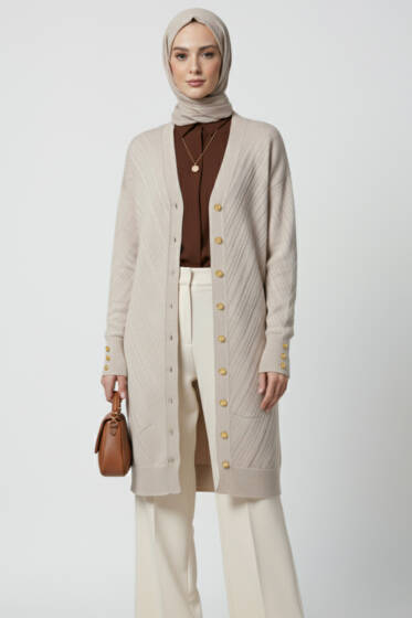 Kol Düğme Detaylı Triko Hırka Taş - Hırka