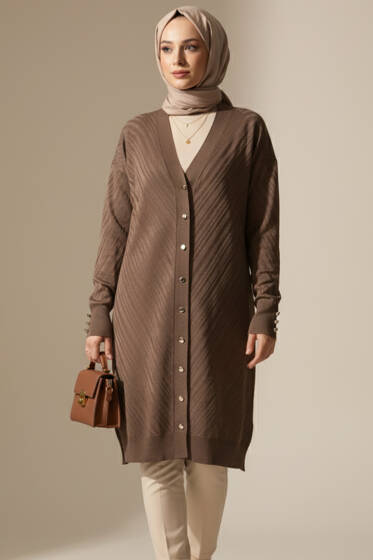 Kol Düğme Detaylı Triko Hırka Vizon - Hırka