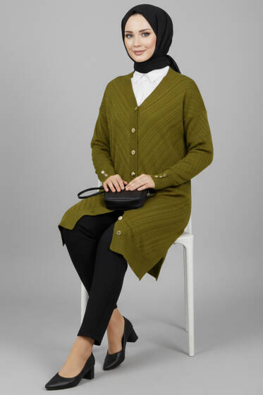 Kol Düğme Detaylı Triko Hırka Yağ Yeşili - Hırka