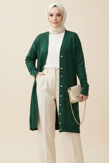 Kol Düğme Detaylı Triko Hırka Zümrüt - Hırka