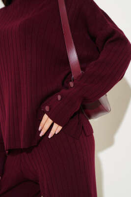 Kol Düğme Detaylı Triko İkili Takım Bordo - Kadın Giyim Modelleri