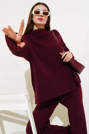 Kol Düğme Detaylı Triko İkili Takım Bordo - Yeni Giyim