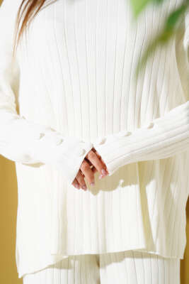 Kol Düğme Detaylı Triko İkili Takım Ekru - Kadın Giyim Modelleri