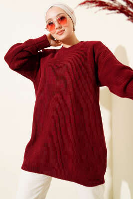 Kol Düğme Detaylı Triko Tunik Bordo - RAFİMİX