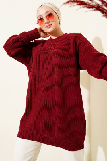 Kol Düğme Detaylı Triko Tunik Bordo - Tunik