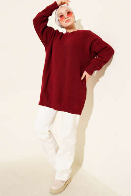 Kol Düğme Detaylı Triko Tunik Bordo - Tunik