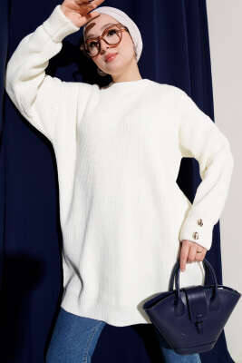 Kol Düğme Detaylı Triko Tunik Ekru - RAFİMİX