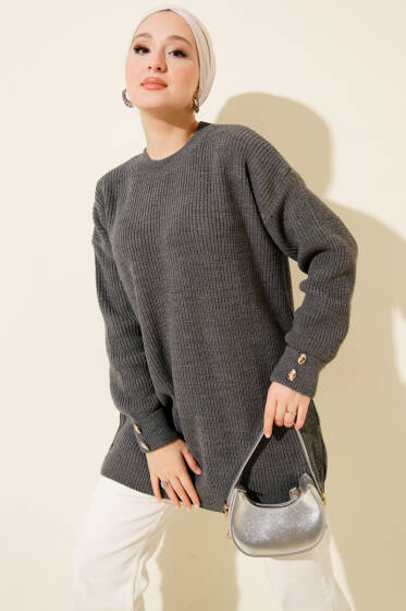 Kol Düğme Detaylı Triko Tunik Füme - Tunik