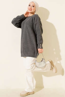 Kol Düğme Detaylı Triko Tunik Füme - Tunik