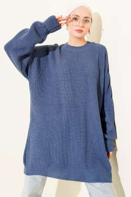 Kol Düğme Detaylı Triko Tunik İndigo 