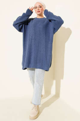 Kol Düğme Detaylı Triko Tunik İndigo - Yılın Fırsatı