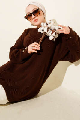 Kol Düğme Detaylı Triko Tunik Kahve - RAFİMİX