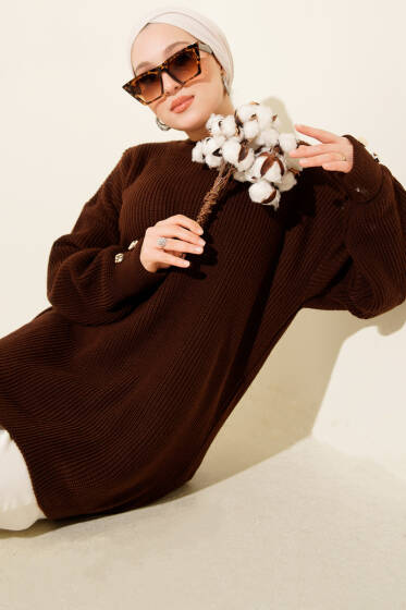 Kol Düğme Detaylı Triko Tunik Kahve - Tunik