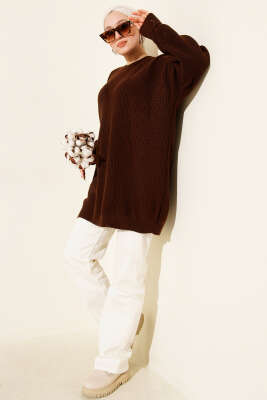 Kol Düğme Detaylı Triko Tunik Kahve - Tunik