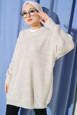 Kol Düğme Detaylı Triko Tunik Kırçıllı Bej 