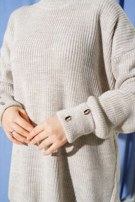 Kol Düğme Detaylı Triko Tunik Kırçıllı Bej - Günün Seçilenleri