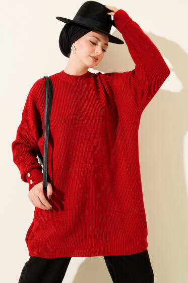 Kol Düğme Detaylı Triko Tunik Kırmızı - Tunik