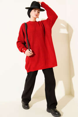 Kol Düğme Detaylı Triko Tunik Kırmızı - Tunik