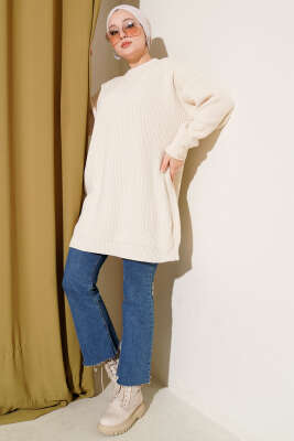 Kol Düğme Detaylı Triko Tunik Krem - Tunik