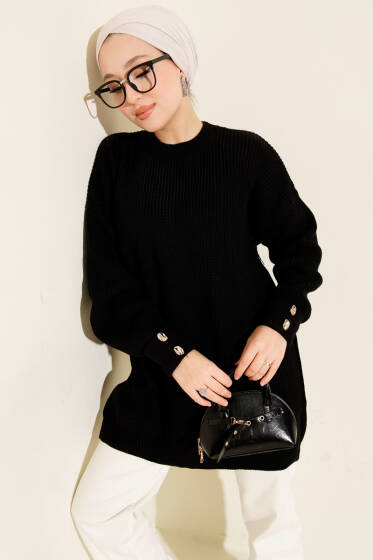 Kol Düğme Detaylı Triko Tunik Siyah - Tunik