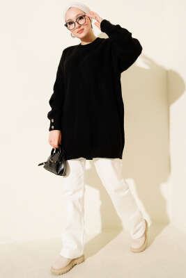 Kol Düğme Detaylı Triko Tunik Siyah - Tunik