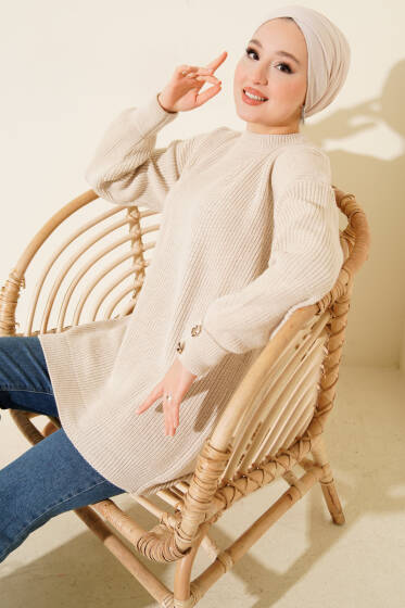 Kol Düğme Detaylı Triko Tunik Taş - Tunik